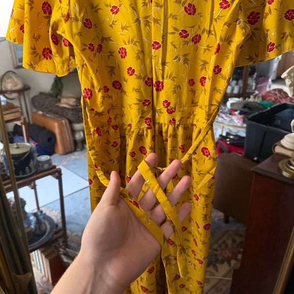 Floral Yellow and Red Handmade Lightweight Maxi Wrap Dress with Belt - Picture 5 of 9